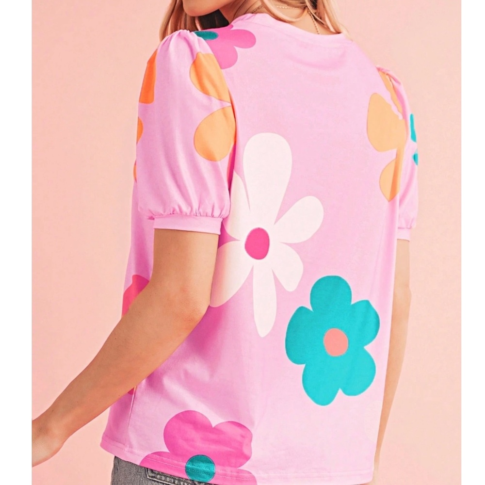 09 Boho Floral Print Puff Short Sleeve Blouse - Picture 3 of 5